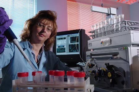 Susan Lopykinski prepares a sample for mercury analysis on  the cold vapor Atomic Absorption instrument.