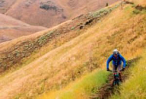 A mountain biker in a blue jacket riding his single bike on a single track along the slope of a grassland hill