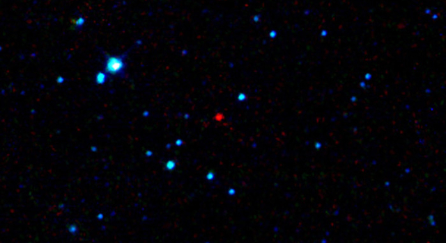 The red dot near the center of this image is the first near-Earth asteroid discovered by WISE.