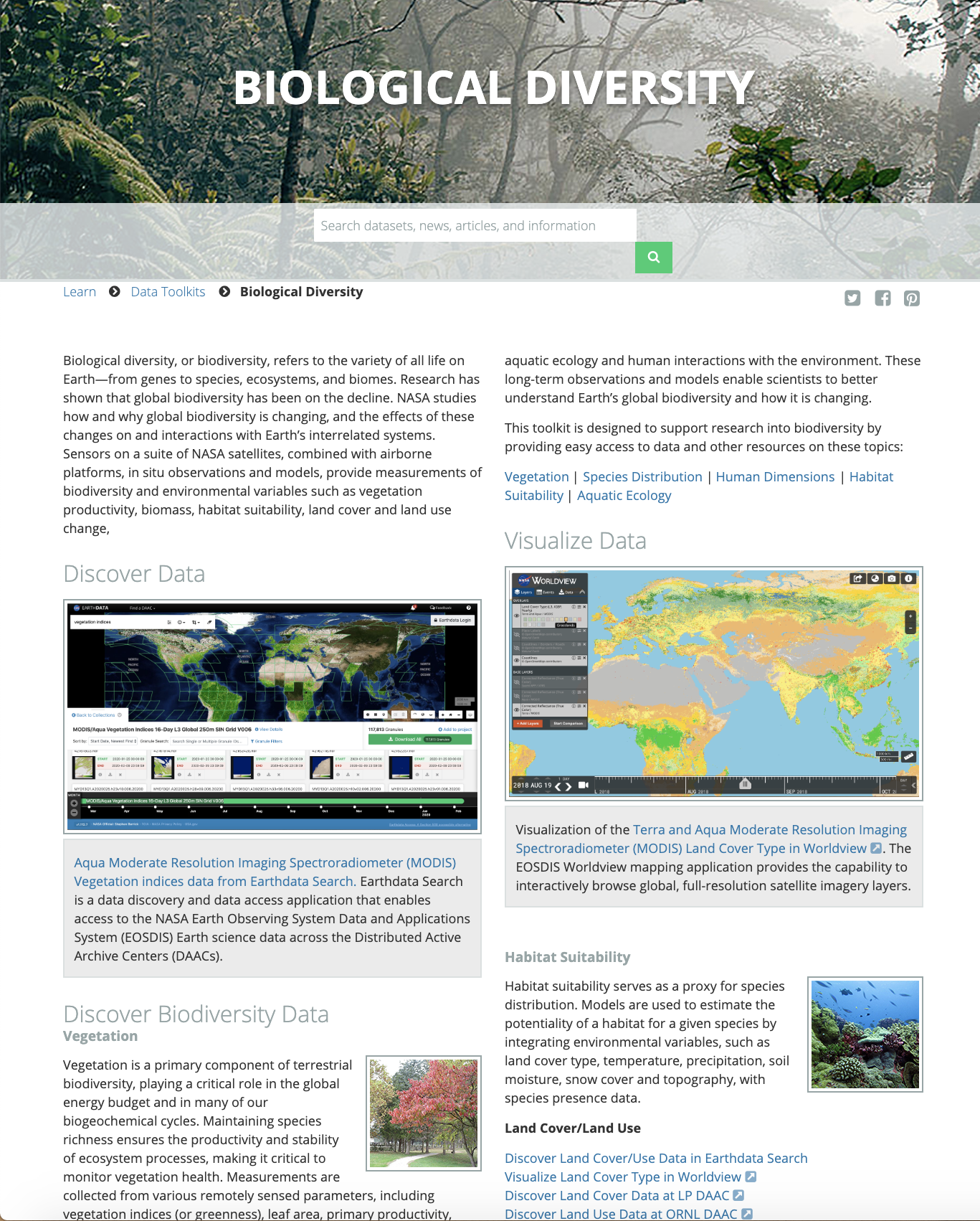 Screenshot of the Biodiversity toolkit page. 