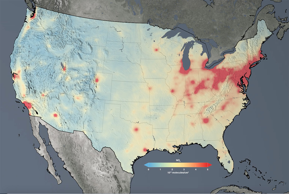 Map of the US with NO2 data from the Aura Ozone Monitoring Instrument (OMI).