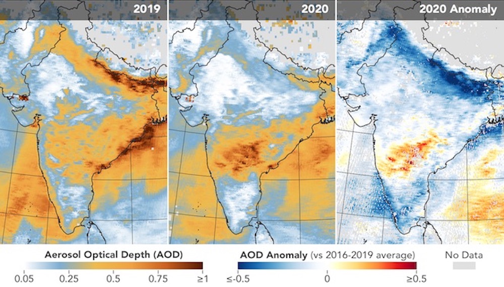 The first five maps above show aerosol optical depth (AOD) measurements over India during the same March 31 to April 5 period for each year from 2016 through 2020. The sixth map (anomaly) shows how AOD in 2020 compared to the average for 2016-2019. Data show that aerosol levels have dropped significantly since the COVID-19 lockdown began. 