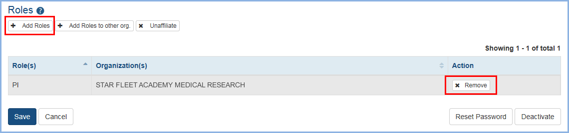 Figure 1: Account Management System Manage user screen showing buttons to add and remove user roles