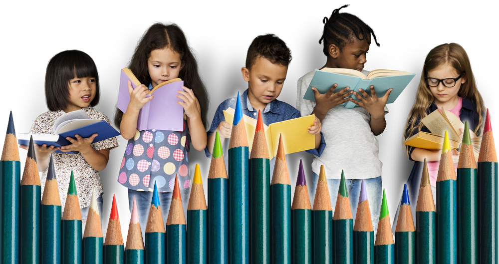 kids reading with a bar graph made of colored pencils over top