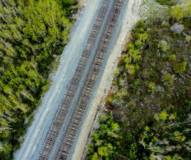 An aerial view of a railroad track.