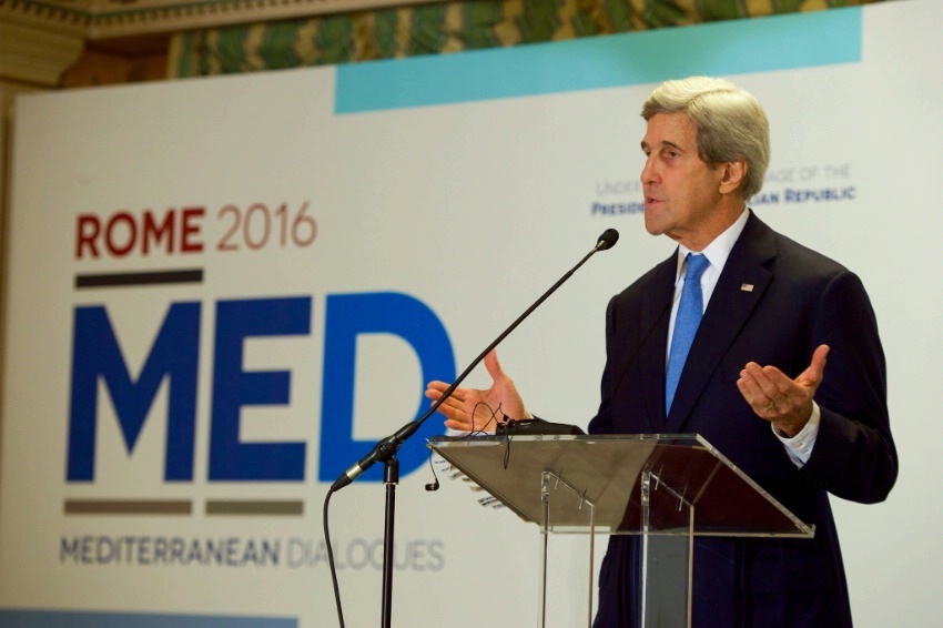 Secretary Kerry addresses reporters on Mediterranean issues on December 2, 2016, following an Italian-hosted multinational conference about Mediterranean issues at the Parco dei Principe Hotel in Rome, Italy.