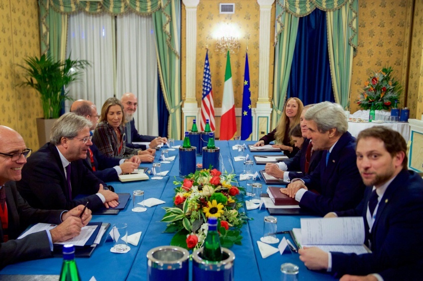 Secretary Kerry sits with Italian Foreign Minister Paolo Gentiloni to discuss Mediterranean issues on December 2, 2016, before a bilateral meeting following an Italian-hosted multinational conference about Mediterranean issues at the Parco dei Principe Hotel in Rome, Italy. 