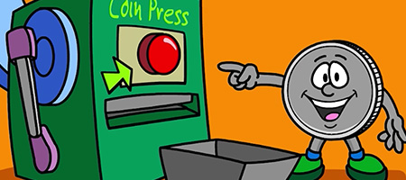 cartoon quarter pointing to a coin press