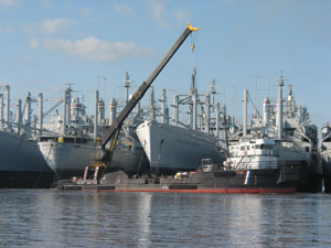 A crane leans over a fleet of vessels.