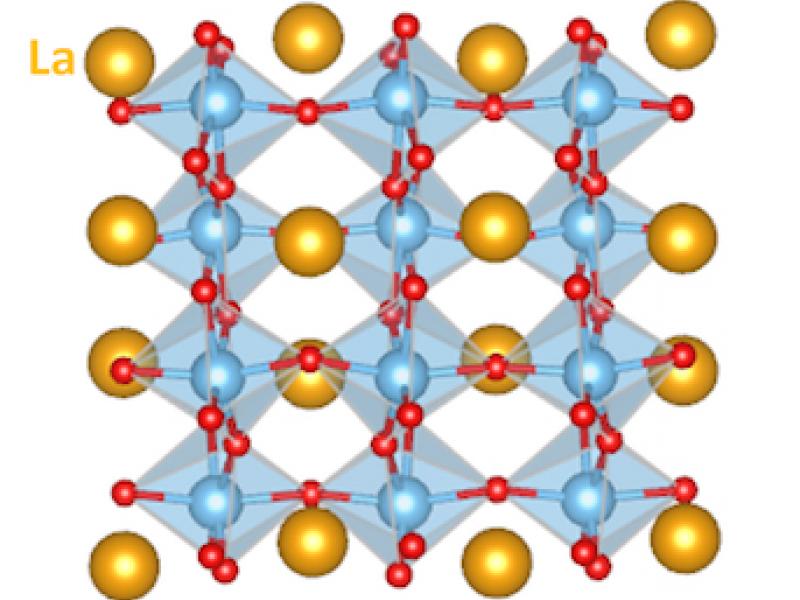 Molecular structure illustrated with blue and yellow circles, connected with red lines.