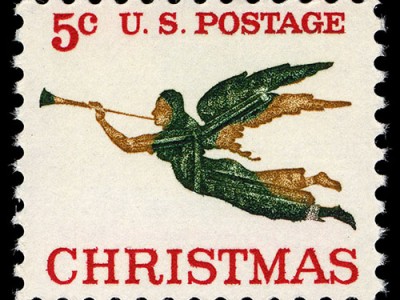 Postage stamp with Gabriel weather vane design.