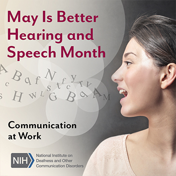 A woman's face as she is speaking, with conceptual letters floating out of her mouth into the air. Text reads: Communication at work.