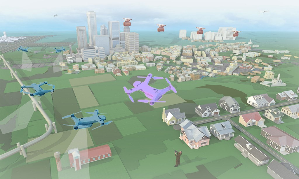A demo graphic from the UPP. An animated aerial angle that depicts multiple drones flying in the air.