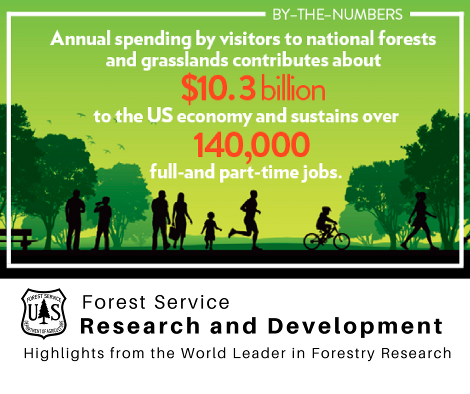 Annual spending by visitors to national forests and grasslands contributes about 10.3 billion to the U.S. economy and sustains over 140,000 full and part-time jobs.