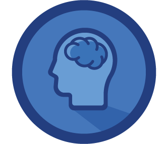 Blue icon of a headsilhouette with a brain