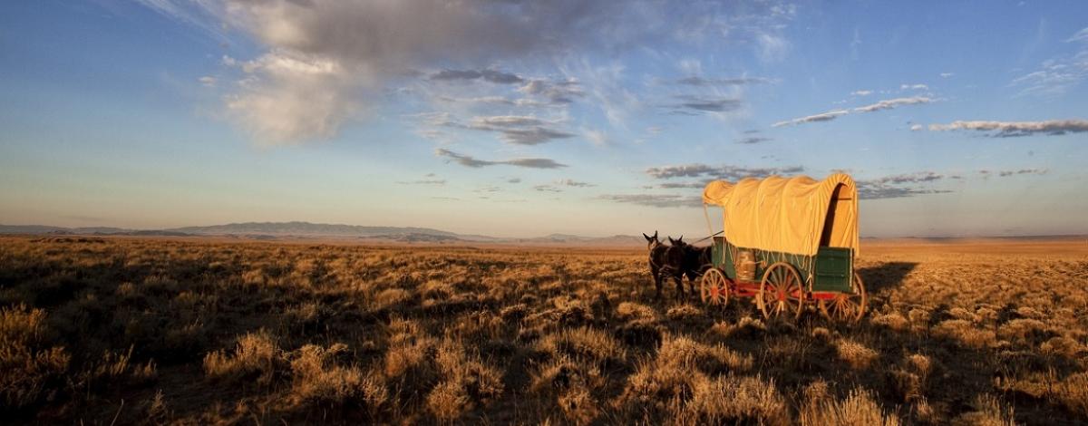 A wagon travels along the California and Oregon National Historic Trails in Wyoming.