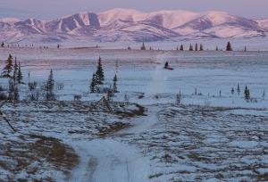 Iditarod National Historic Trail near Kaltag with alpenglow mountains