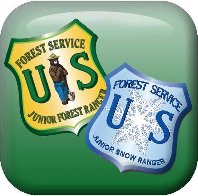 A square graphic of a snow ranger and forest ranger badge