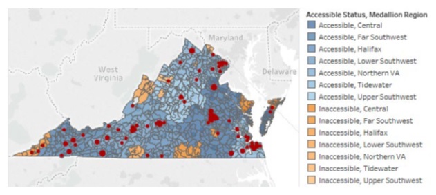 EXHIBIT 6, Virginia State Map: This exhibit is a map of where office-based opioid treatment programs are located in Virginia as indicated by a red circle that is proportional to the number of programs in each city. Each of the city/county regions are also shaded in with a color indicating the level of accessibility to the office-based opioid treatment programs. The places of greatest inaccessibility are in the western tip of the state, the southern central border with North Carolina, the northern central border with West Virginia, and the eastern border with the lower tips of Maryland.