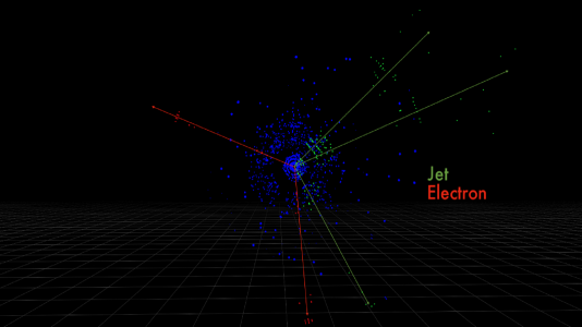 These are the detector pixels for electrons and quark jets produced by a simulated proton collision, measured by the ATLAS detector. (Image by Taylor Childers.)