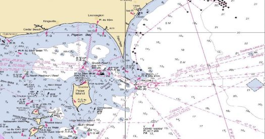 On the paper chart 14820, Pelee Passage and Southeast Shoal are along the main thoroughfare for ships transiting Lake Erie. 