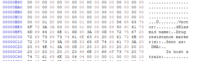 Screen capture of a hex editor tool with numbers running across the top in columns and down the side in rows. Numbers are organized in clusters of two. On the far right-hand side, is a column. After multiple blank rows, the word Vector is discernable.