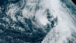 A NOAA GOES East satellite image of Subtropical Storm Theta  captured at 9:50 a.m. ET on November 10, 2020, as it swirled in the Atlantic Ocean, southwest of Portugal.