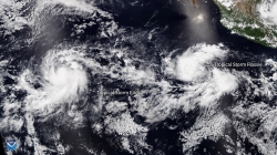 A July 28, 2019, satellite image (labeled) of Tropical Storms Erick (left) and Flossie (right) strengthening in the Pacific. 