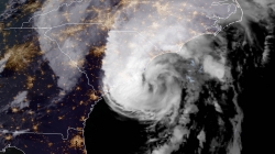 A visible NOAA GOES-16 satellite image of Hurricane Isaias as it approached the U.S. East Coast at 7:46 p.m. ET, August 3, 2020.