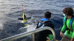 Grant Rawson of NOAA's Cooperative Institute for Marine & Atmospheric Studies at the University of Miami (left) and Julian Morrell, student at University of Puerto Rico, launching one of 30 ocean gliders that will track data this hurricane season to help improve hurricane prediction. (Both researchers are wearing face masks.)