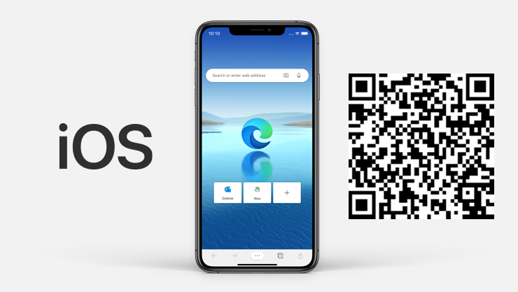 : iOS logo next to iPhone with Microsoft Edge on the screen and QR code.
