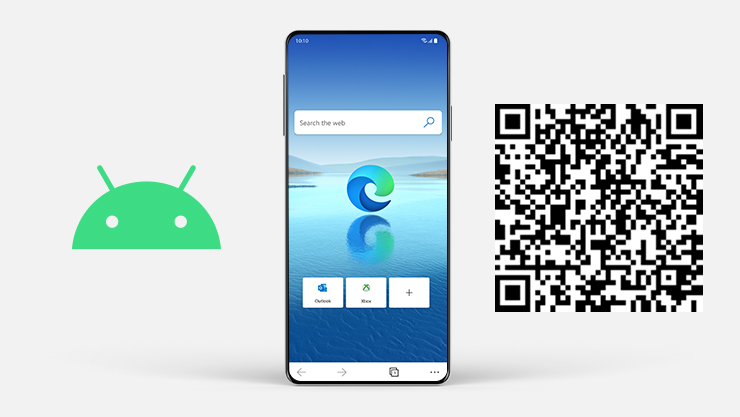 Android logo next to Android phone with Microsoft Edge on the screen and QR code.