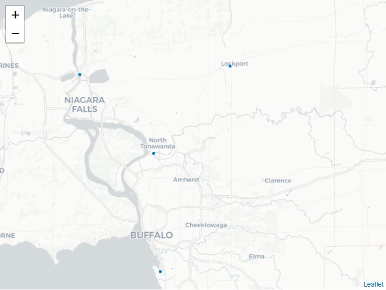 map of Niagra Falls with blue dots indicating locations where Historic American Engineering Record photographs were captured