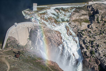 Pathfinder Reservoir Flows Over the Uncontrolled Spillway at Pathfinder Dam, June 17, 2016.