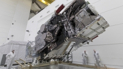 NOAA's GOES-S satellite is rotated to the vertical position after removal of its packing crate at Astrotech Space Operations in Titusville, Florida, so engineers could prepare the satellite for a March 2018 launch. The advance weather satellite is operational now and referred to as GOES-17.