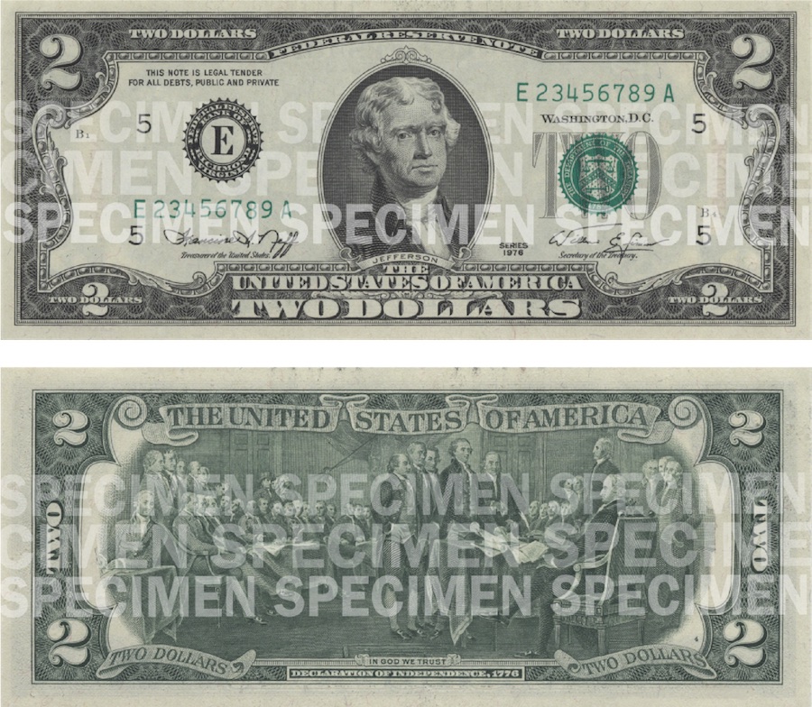 Photos showing a $2 bill front and back.