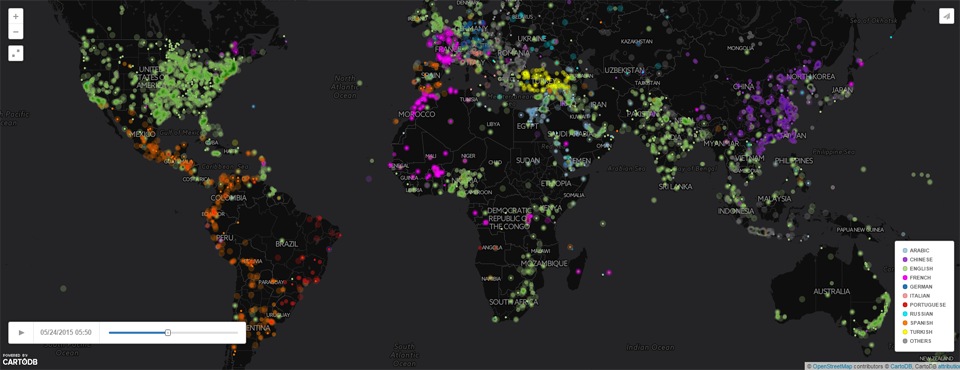 Figure 5 - Click to see a live animated map of the primary language of worldwide news coverage over the last 24 hours mentioning each location