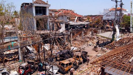 DENPASAR, BALI, INDONESIA - OCTOBER 16:  A view of the bomb blast site on October 16, 2002 in Denpasar, Bali, Indonesia. The blast occurred in the popular tourist area of Kuta on October 12, leaving more than 180 people dead and 132 injured, with the death toll expected to rise. (Photo by Edy Purnomo/Getty Images)