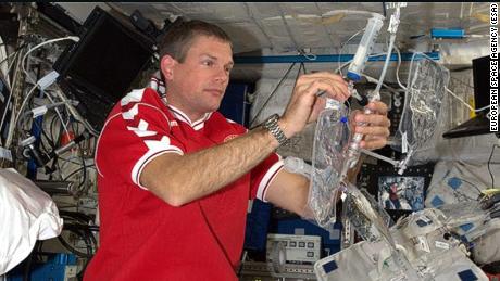 Danish Astronaut Andreas Mogensen performing the first aquaporin membrane experiment on the International Space Station on September 2015.