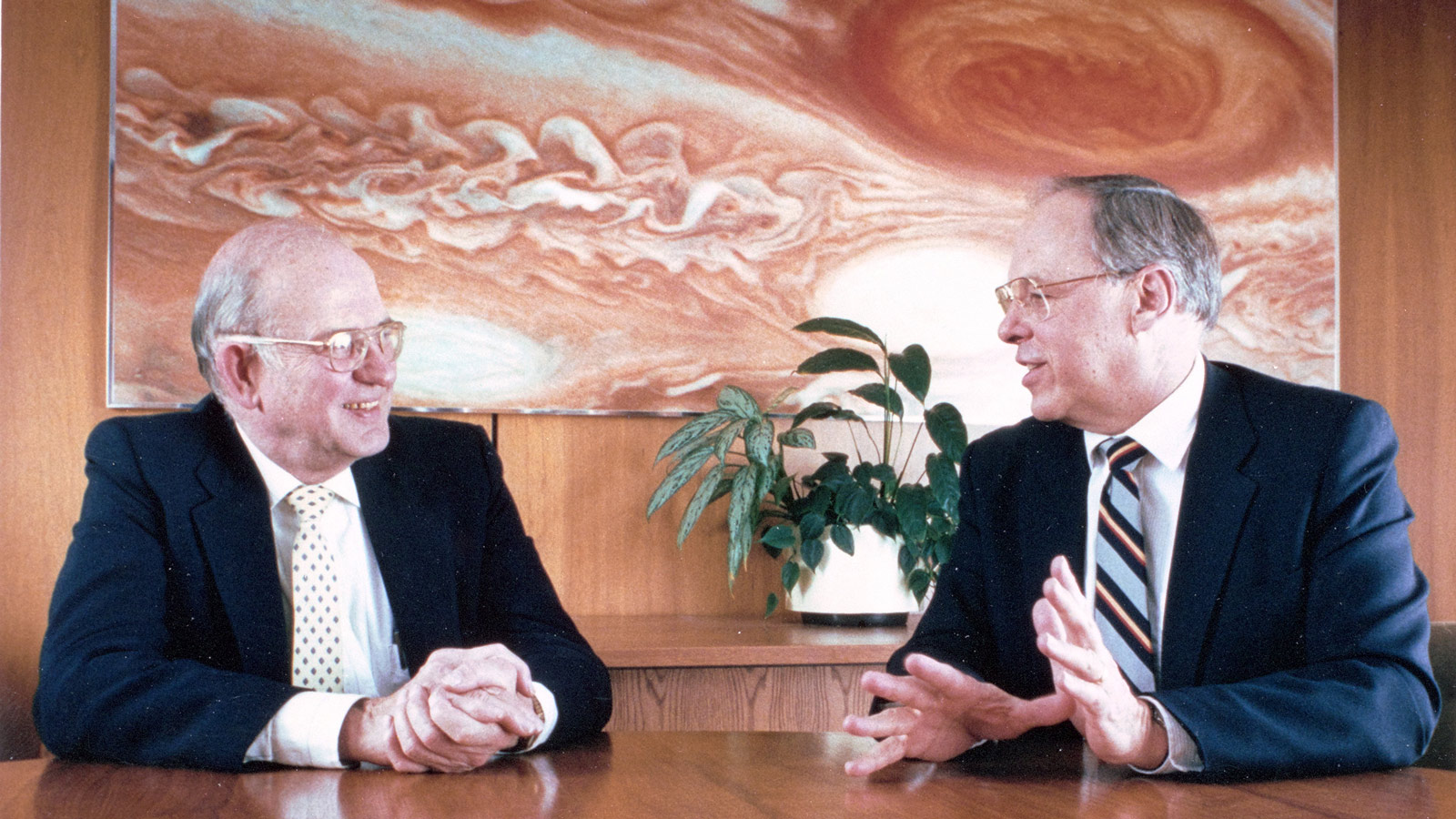 In this 1988 photo, JPL Director Dr. Lew Allen (left) and his Deputy Director Dr. Peter Lyman