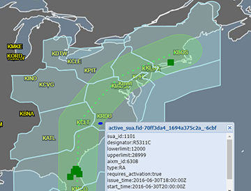 Screenshot of the NAS Common Reference interface showing data overlaid on a map of the U.S. East Coast.