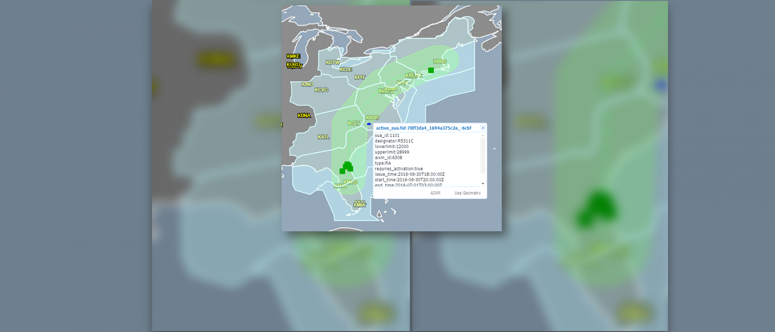 Screenshot of the NAS Common Reference interface showing data overlaid on a map of the U.S. East Coast.