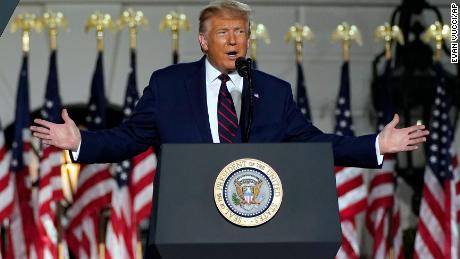 President Donald Trump speaks from the South Lawn of the White House on the fourth day of the Republican National Convention, Thursday, Aug. 27, 2020, in Washington. (AP Photo/Evan Vucci)