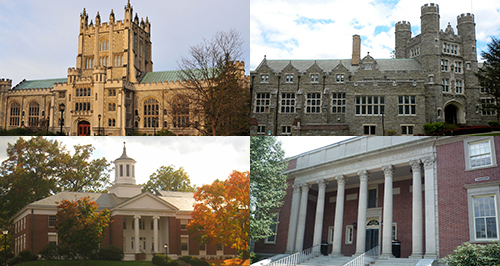 Clockwise from top left: Vassar, Bryn Mawr, Wheaton  and Amherst Colleges. Photo of Thompson Library at Vassar from Wikimedia by Jim Mills.