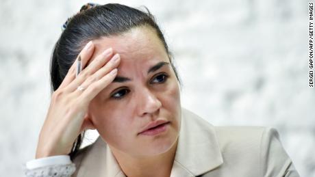 Presidential candidate Svetlana Tikhanovskaya holds a press conference the day after Belarus&#39; presidential election in Minsk on August 10, 2020. 