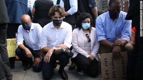 Canadian Prime Minister Justin Trudeau takes a knee during in a Black Lives Matter protest on Parliament Hill June 5, 2020 in Ottawa, Canada.