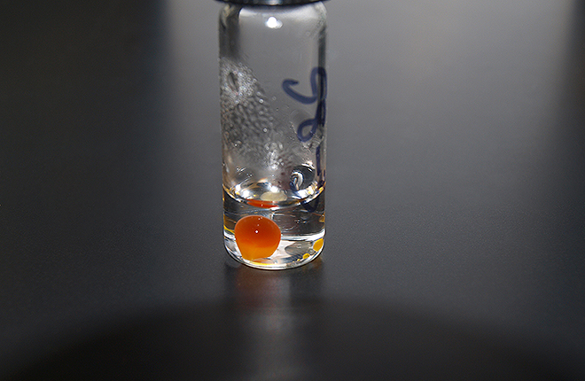 Red droplet of oil in vial of water