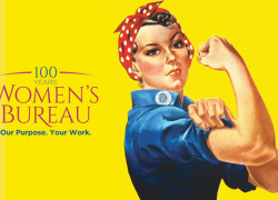 Image of Rosie the Riveter with the Women's Bureau Centennial logo