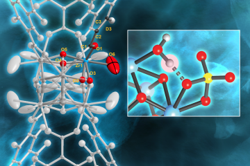 (left) Neutrons revealed which Brønsted acid site in MOF-808-SO4 is primarily responsible for the MOF’s ability to efficiently convert base substances like petroleum into other chemicals. (right) They also revealed the hydrogen bonds that form when the MOF is well hydrated and that are strongly correlated with the MOF’s excellent catalytic performance. (zirconium–blue, oxygen–red, carbon–light gray, sulfur–yellow). Credit: Chris Trickett, UC Berkeley and Jill Hemman, ORNL