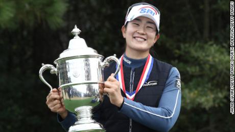 HOUSTON, TEXAS - DECEMBER 14: A Lim Kim of Korea poses for a photo with the trophy after winning the 75th U.S. Women&#39;s Open Championship at Champions Golf Club Cypress Creek Course on December 14, 2020 in Houston, Texas. (Photo by Jamie Squire/Getty Images)